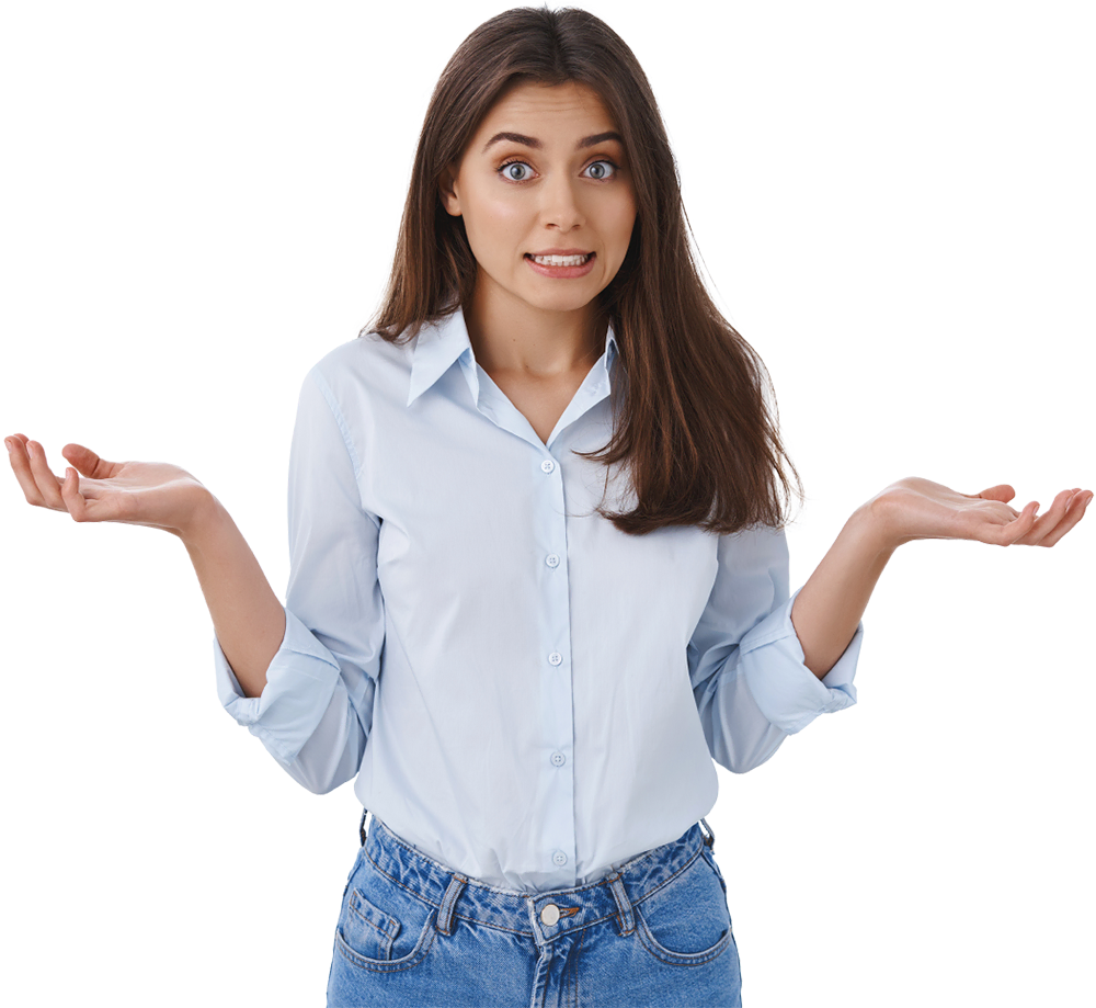 eune consultante professionnelle exprimant l'incertitude avec un haussement d'épaules et les mains ouvertes, illustrant les défis complexes du business.
